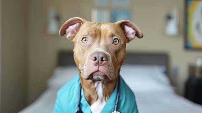 adorable pitbull wearing scrubs comical double take of a doctors derp moment humorous animal portrait