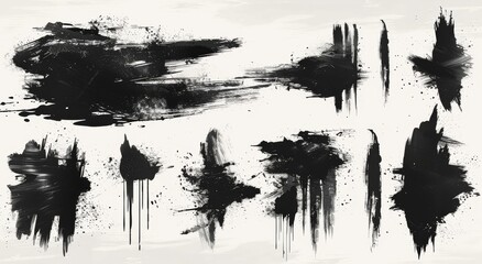 Black ink brush strokes create a monochrome landscape painting