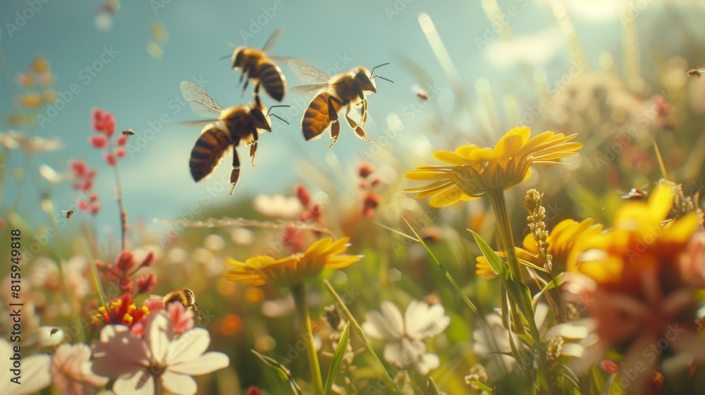 Poster close-up of bees buzzing around a patch of vibrant wildflowers, their busy activity essential to the