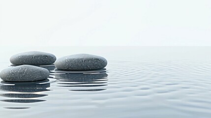 A serene and tranquil background with smooth, round stones floating on water creating a peaceful atmosphere that evokes relaxation or meditation. Zen stones in a zen water concept.