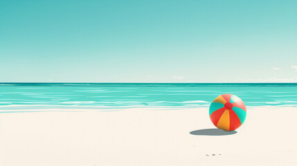 Obraz premium Minimalist illustration of a vibrant beach ball on pristine white sand, with a calm turquoise ocean and clear blue sky in the background. 
