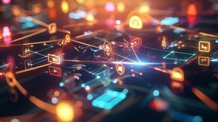Interactive Digital Network Grid, Multicolored Data Streams, Modern Communication Concept