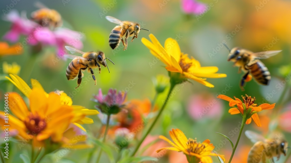Poster close-up of bees buzzing around a patch of vibrant wildflowers, their busy activity essential to the