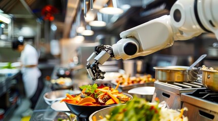 ai robot chef arm in restaurant kitchen automation technology in food industry concept