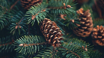 Close up image of pine cones on a fir tree branch Festive Christmas backdrop