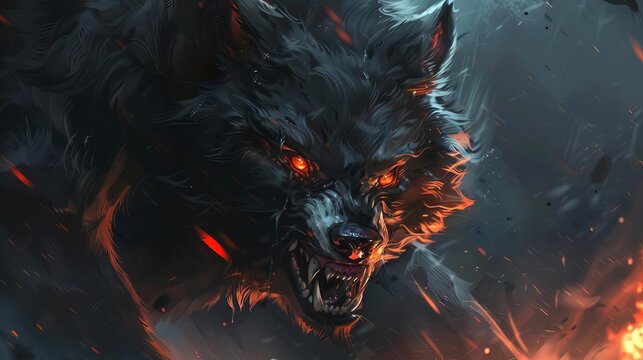 angry growling black werewolf with glowing red eyes and sharp fangs fantasy creature digital painting