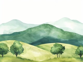 Watercolor painting of trees and mountains in a natural landscape