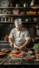 Professional Chef Seasoning Organic Meat in a Gourmet Restaurant Kitchen