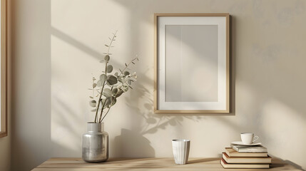 Fototapeta premium Empty vertical picture frame mockup hanging on beige wall Cup of coffee books on wooden table Vase with silver eucalyptus tree branches Minimal working space home office Scandinavian i : Generative AI