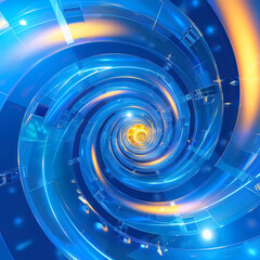 Blue background with white and yellow glowing spirals, digital technology concepts