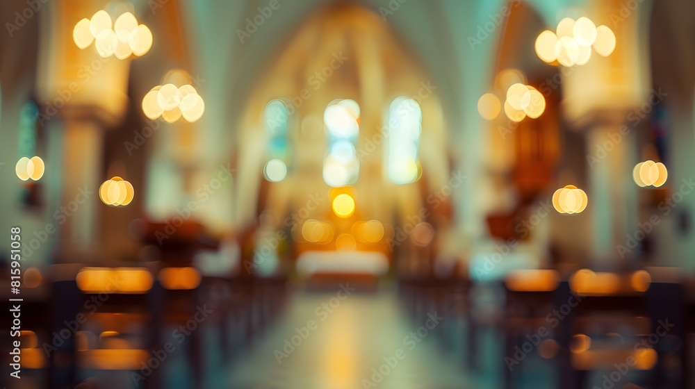 Poster abstract blur and defocused interior of church for bokeh background : generative ai