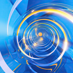 Blue background with white and yellow glowing spirals, digital technology concepts