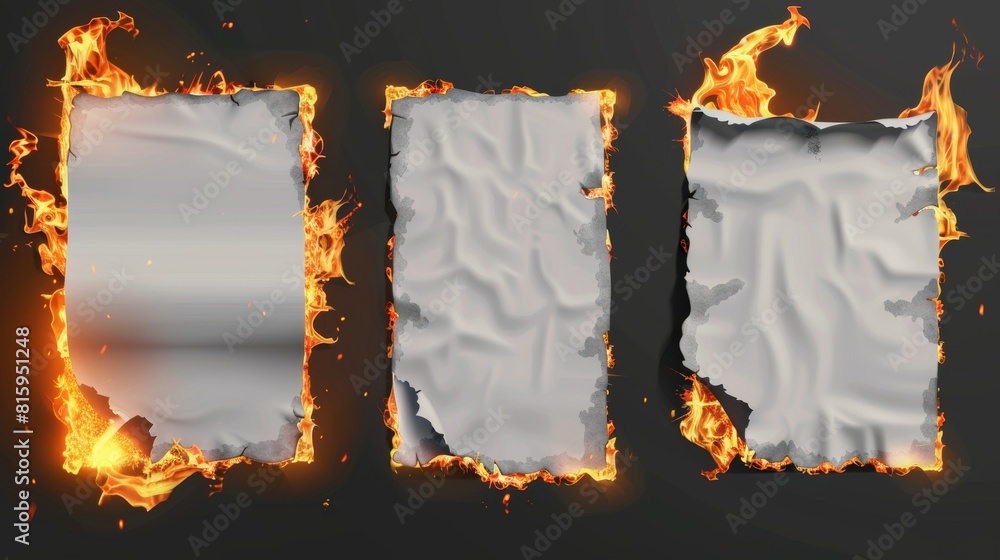 Poster inflamed white paper notes, square and rectangular blank pages with smoldering edges. flames and ash
