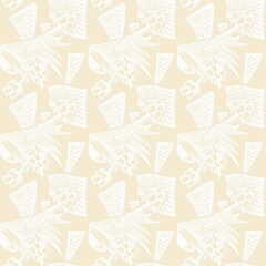 Modern white on cream lace effect wedding background texture. Soft tonal linen openwork block print with subtle hand drawn lattice damask printed fabric backdrop. 