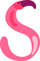 English letter S in the shape of flamingo drawn by child. Bright childish careless S drawing for design of festive spring banner. Flat hand drawn vector element isolated on white background