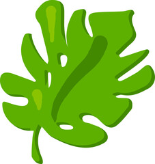 Holey monstera leaf drawn by child. Bright childish careless leaf of exotic plant monstera drawing for design of festive spring banner. Flat hand drawn vector element isolated on white background