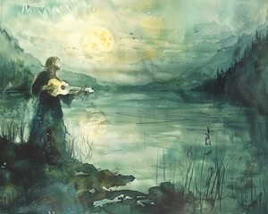 An elfin bard singing ancient songs by a moonlit lake, his lute painted in soft watercolors reflecting the serene night