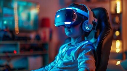 Obraz premium A boy wearing virtual reality glasses sits on a sofa in a futuristic living room. 