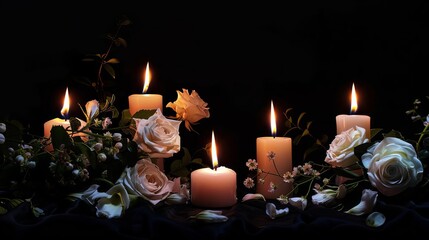 burning candles and flowers on black background funeral concept digital art