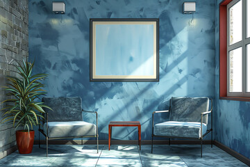 In a living room,  two armchairs in front of a blue wall with a painting frame on it. Generative ai.