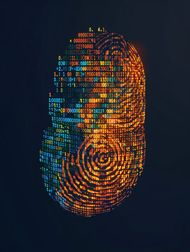 A glowing fingerprint made of orange and blue binary code on black background. Cyber Security cooncept. Generative ai.
