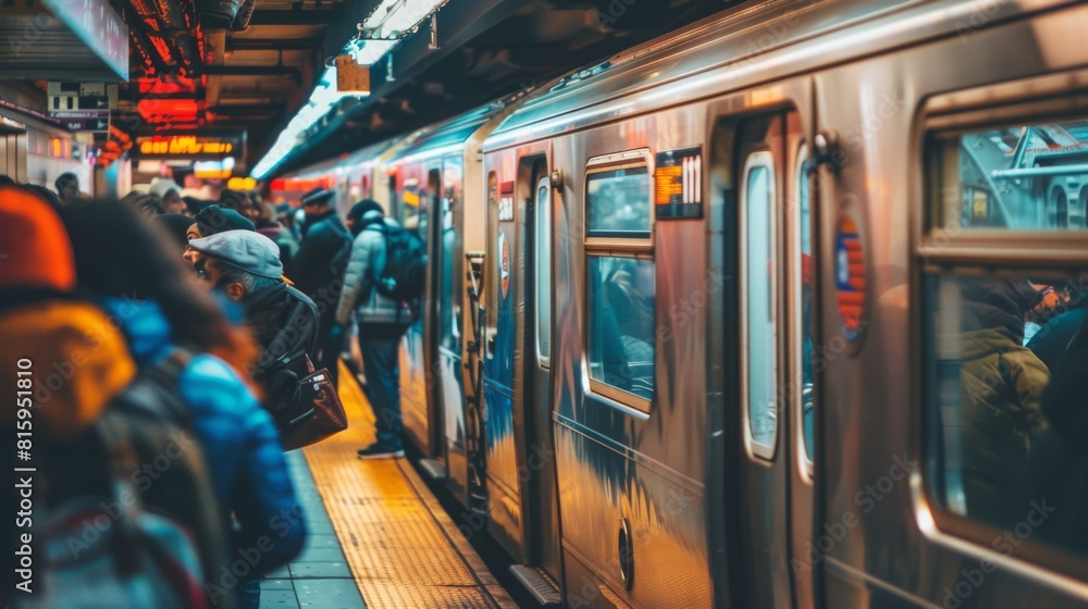 Poster commuters boarding a crowded subway train, reflecting the efficiency of public transit systems.