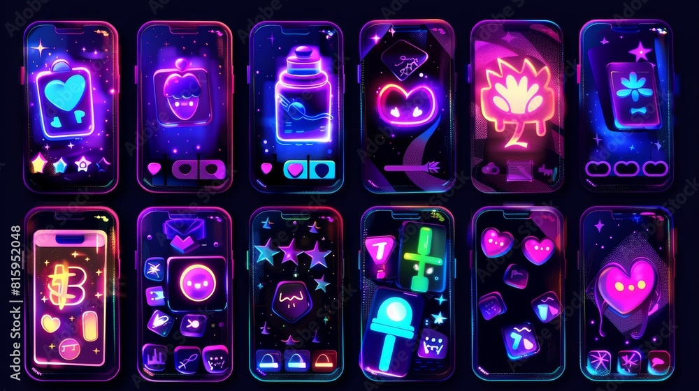 Poster social media retro onboard screens in retrowave vaporwave 90s style. app pages with smile faces, mes