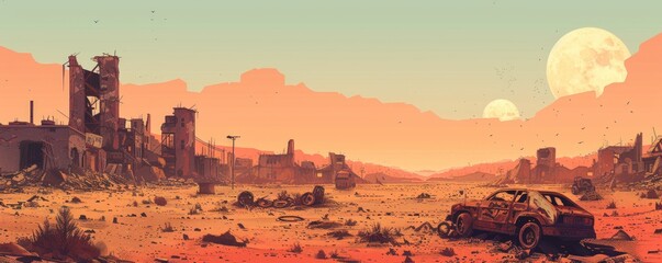 A post-apocalyptic wasteland stretching as far as the eye can see, with crumbling buildings and rusting machinery scattered across the desolate landscape.   illustration.