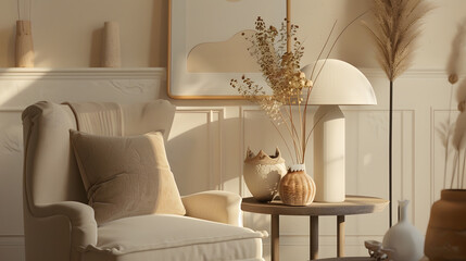 Domestic and cozy composition a living room interior with mock up poster beige armchair coffee table lamp vase with dried flowers and personal accessories Home decor Template : Generative AI