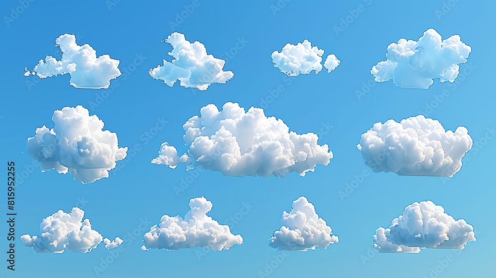Poster overcast weather icons with simple fluffy cumulus clouds, atmosphere fog objects isolated on blue ba