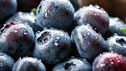Background with blueberries with green leaves in water