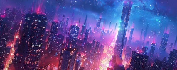 A futuristic metropolis where towering skyscrapers soar into the sky, their reflective surfaces shimmering in the light of a thousand stars.   illustration.