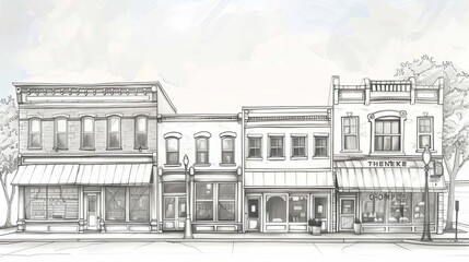 charming midwest main street historic storefronts and downtown architecture sketch illustration