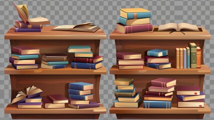 Bookshelves isolated on transparent background. Stacks of blank books lying on shelf. Illustration of a realistic library.