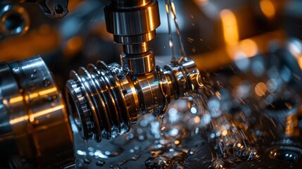 closeup of cnc lathe machine in action metalworking process with coolant pouring industrial photography