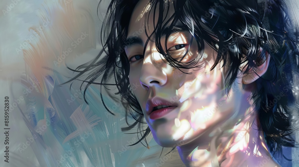 Wall mural closeup portrait of a young handsome korean male model digital painting - Wall murals