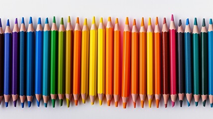 A top-down view of colored pencils aligned in a perfect row, displaying a gradient from light to dark colors, isolated on a white