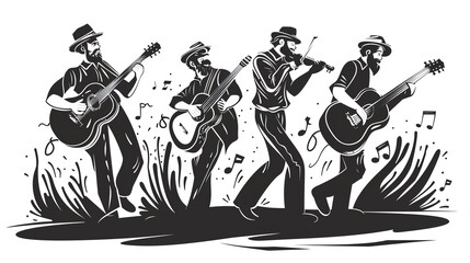 Folk band flat design side view traditional theme cartoon drawing black and white