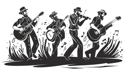 Naklejka premium Folk band flat design side view traditional theme cartoon drawing black and white