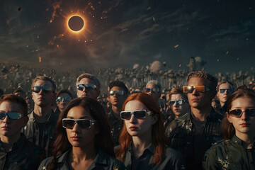 A diverse crowd, each with their own unique pair of eclipse glasses, gazes upward in wonder as the solar eclipse unfolds before them. The illustration captures the excitement and unity of the moment