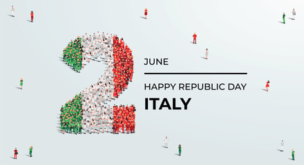 Happy Republic Day Italy. A large group of people form to create the number 2 as Italy celebrates its Republic Day on the 2nd of june. Vector illustration.