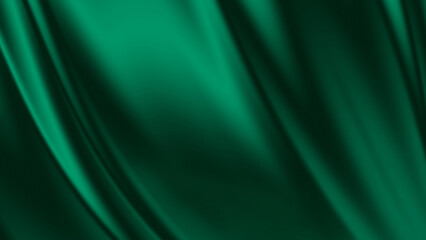 Green drapery silk fabric luxury background. Wavy abstract satin cloth vector texture pattern. Smooth shiny drape material curtain. Elegant velvet curve motion image realistic horizontal design.