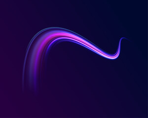 Light arc in neon colors, in the form of a turn and a zigzag. Illustration of light ray, stripe line with blue light, speed motion background. Panoramic high speed technology concept, light abstract. 
