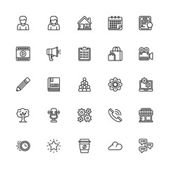 Miscellaneous Icons Set Line style. Man, Woman, Film, Pencil, Bag And More Icon. Vector Illustration Design Element