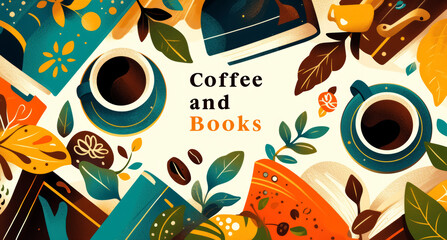 Inviting Poster for Coffee and Books Event Featuring Stylish, Colorful Illustration