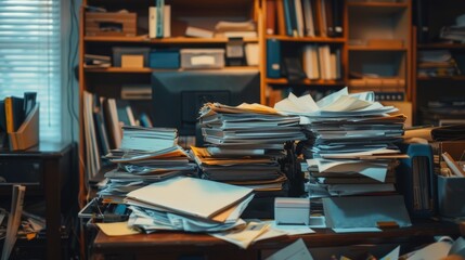 A close-up of a social workers desk covered in files and paperwork, highlighting their workload