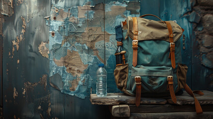 A weathered backpack overflowing with adventure gear: maps, compass, water bottle