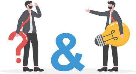 questions and answers symbol. Businessman standing with Q AND A symbol. business concept
