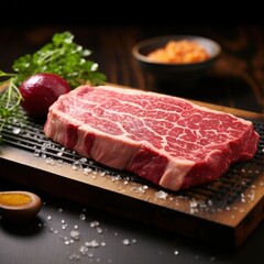 Fototapeta premium A slab of meat with a few pieces of fruit on top of it