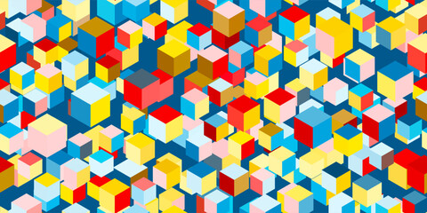 Abstract multicolor flying 3d cubes seamless pattern. Geometric vector background. Futuristic optical illusion